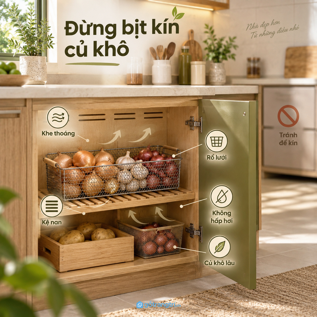 Khe thoáng, rổ lưới và kệ nan giúp củ khô không bị hấp hơi