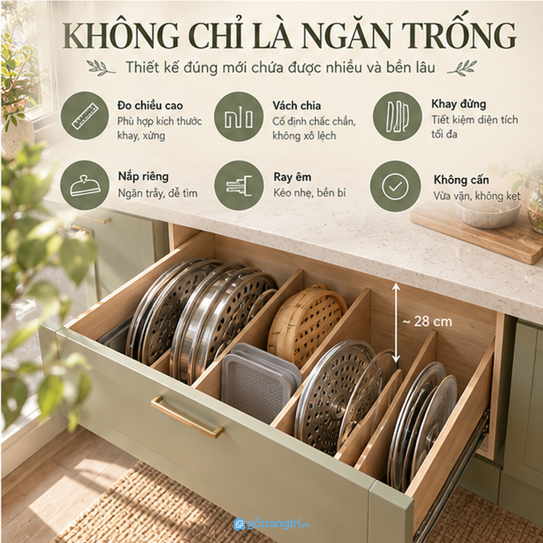 Ngăn trống không đủ nếu thiếu vách chia cho xửng nắp nồi và khay mỏng