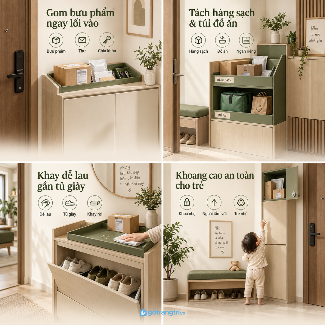 Hộc gần tủ giày giúp lấy cất chìa khóa bưu phẩm và túi trả hàng thuận tay
