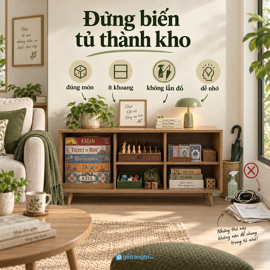 Tủ trò chơi chỉ nên chứa đúng món liên quan để không thành kho đồ linh tinh
