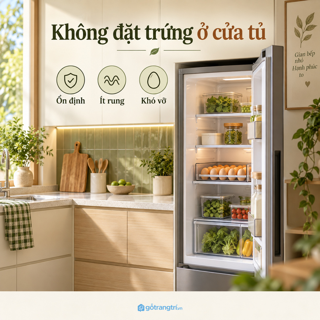 Không đặt trứng ở cửa tủ để tránh xô vỡ khi đóng mở