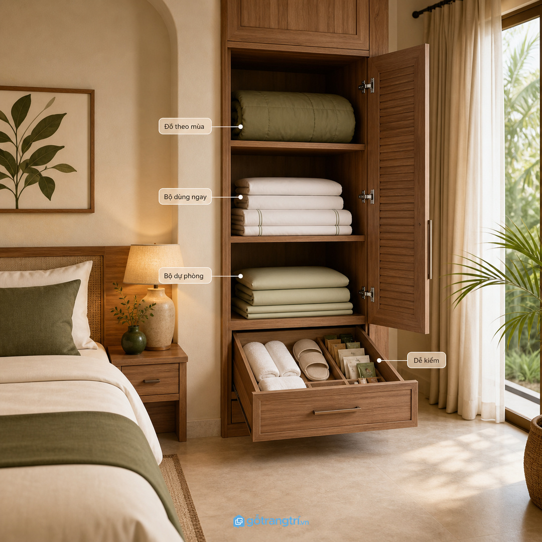 Tủ linen không phải tủ kho, cần chia nhóm theo cách thay phòng thực tế