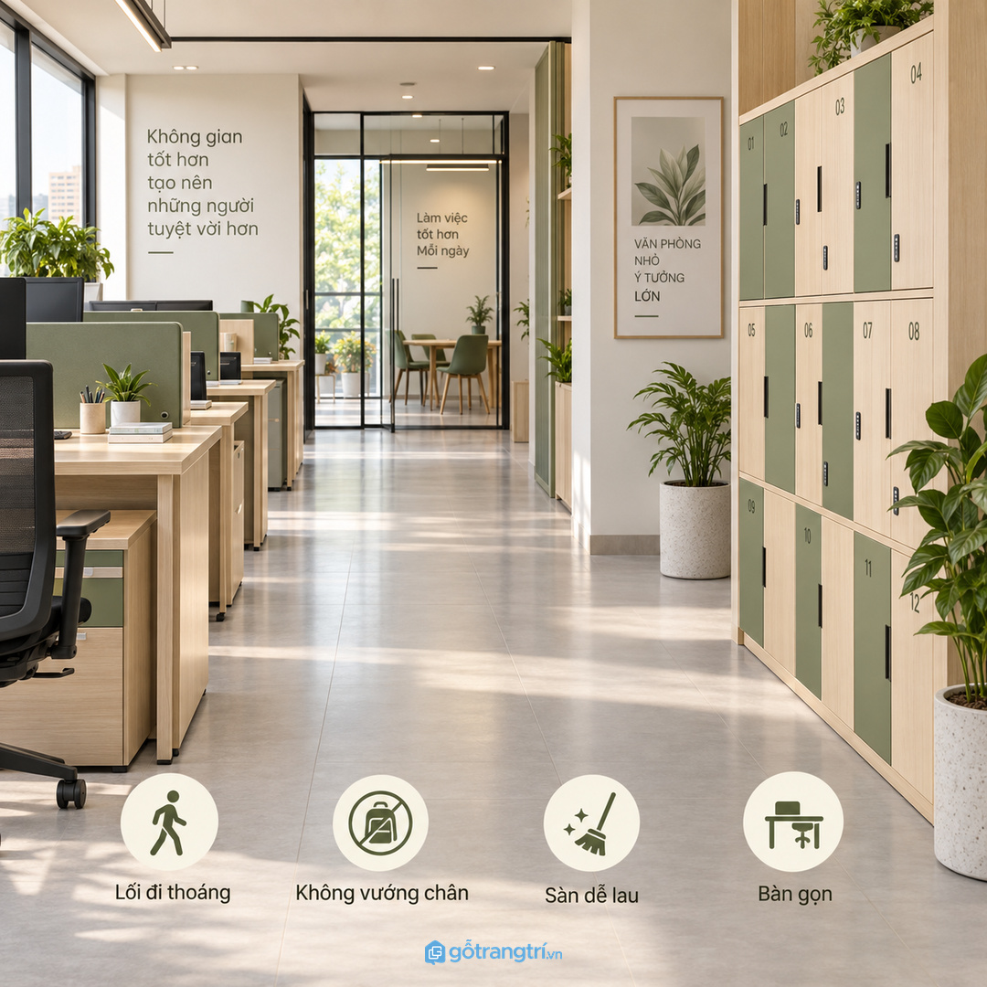 Tủ locker cần đặt sát luồng di chuyển nhưng không cản lối đi