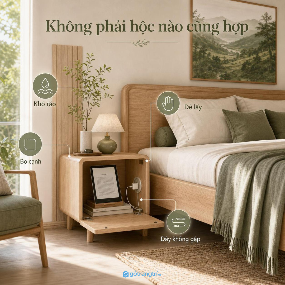 Hộc tủ cho máy đọc sách cần khô, bo cạnh và không ép dây sạc