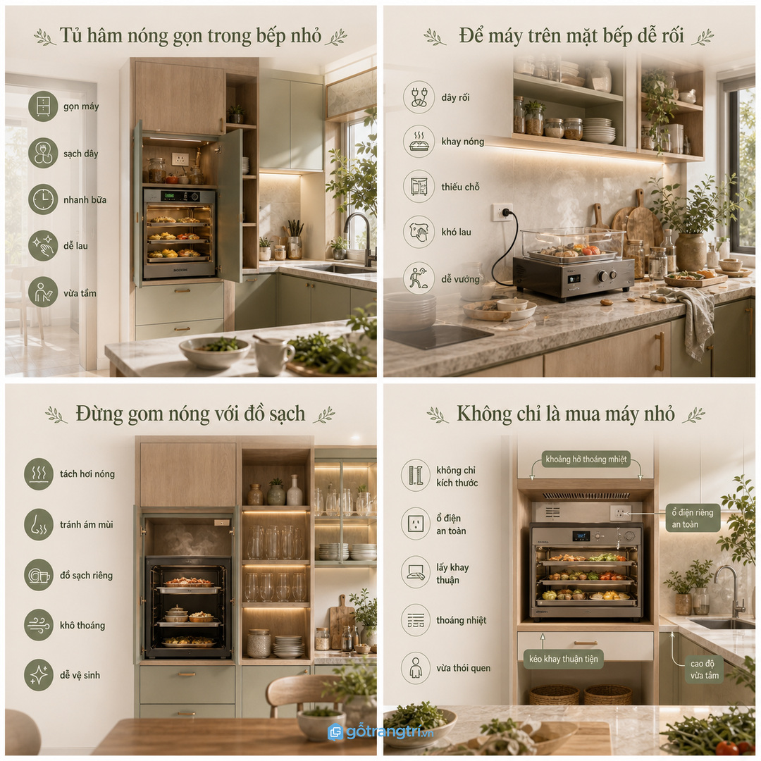 Khoang tủ tiện dụng cần tính cả ổ điện, khoảng lấy khay và thoáng nhiệt