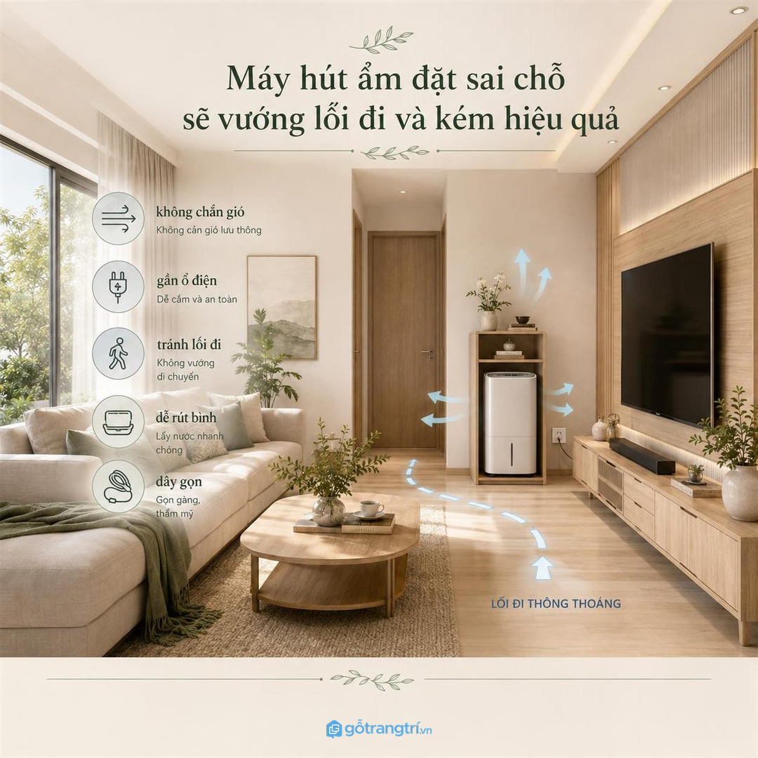 Tủ kín không có khe thoáng dễ làm máy hút ẩm bí và khó bảo trì
