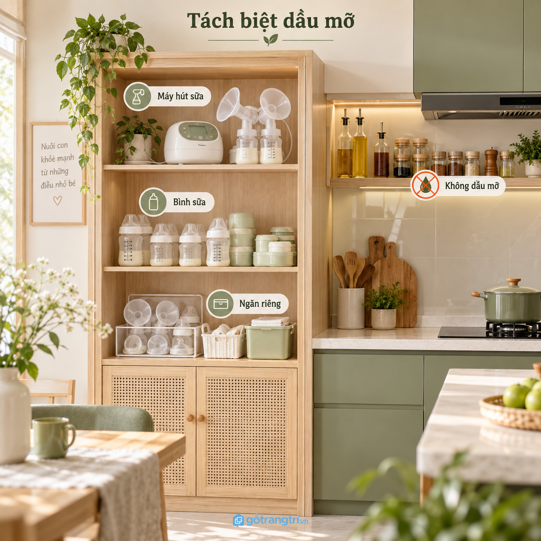 Không nên cất máy hút sữa chung với đồ dầu mỡ trong bếp