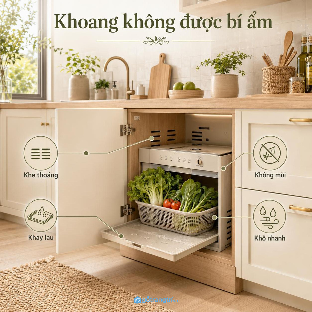 Khoang máy rửa rau cần thoáng để rổ, khay và thân máy không bí ẩm