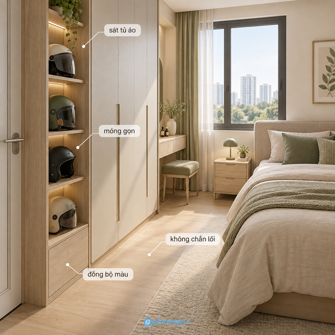 Tủ nhỏ nên đi cùng tủ áo hoặc ghế thay đồ để không chắn lối đi