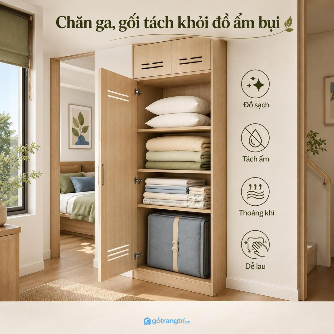 Chăn ga và gối dự phòng nên tách khỏi đồ ẩm bụi để luôn sạch mùi khi khách ngủ lại