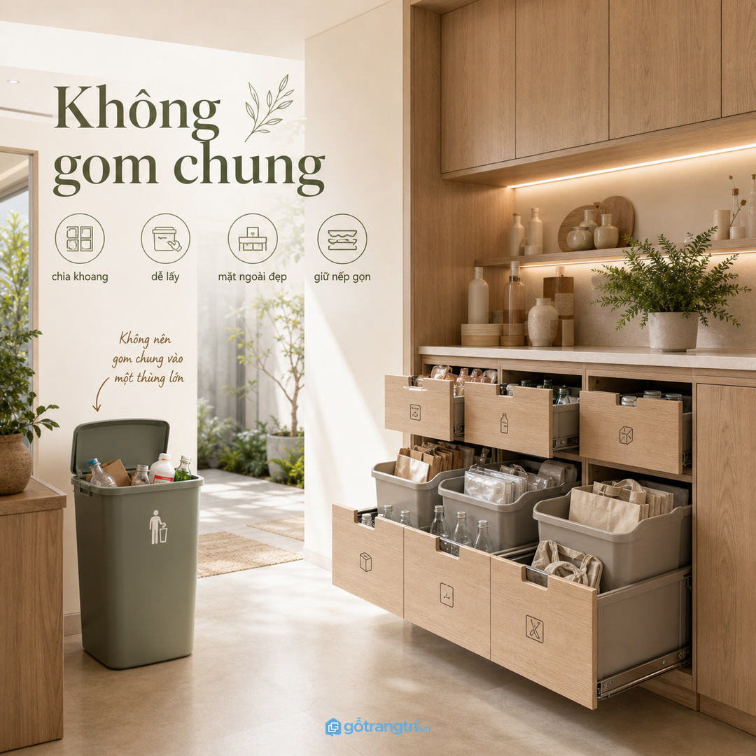 Tủ tái chế khô nên gọn kín dễ mở và đặt ở vị trí tiện gom đồ