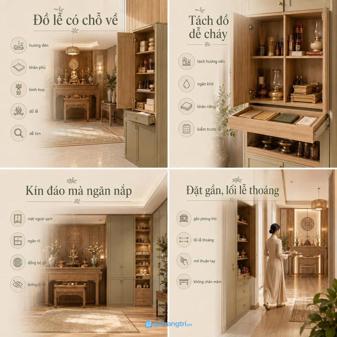 Tủ phụ kín đáo sau bàn thờ giúp mặt ngoài sạch và bên trong ngăn chia rõ