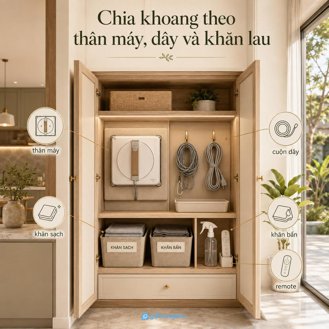 Khoang tủ robot lau kính cần dễ lấy thoáng ẩm và không làm rối dây