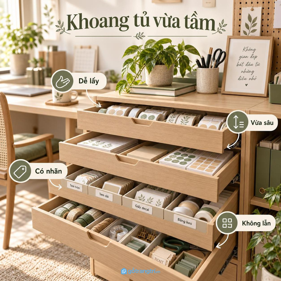 Khoang tủ vừa tầm giúp tem giấy decal và băng keo không bị lẫn