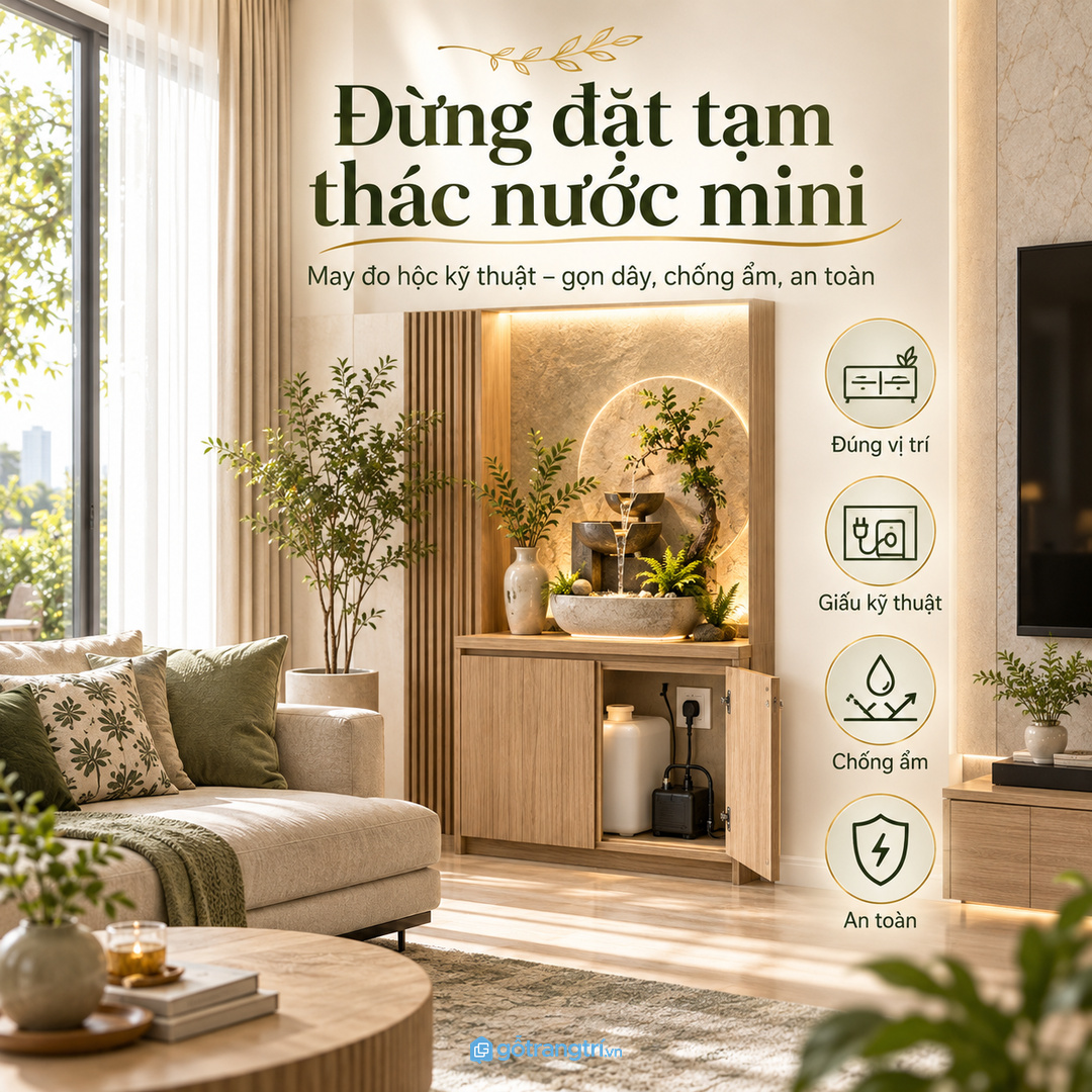 Không nên đặt thác nước mini tạm trên kệ thiếu khoang kỹ thuật