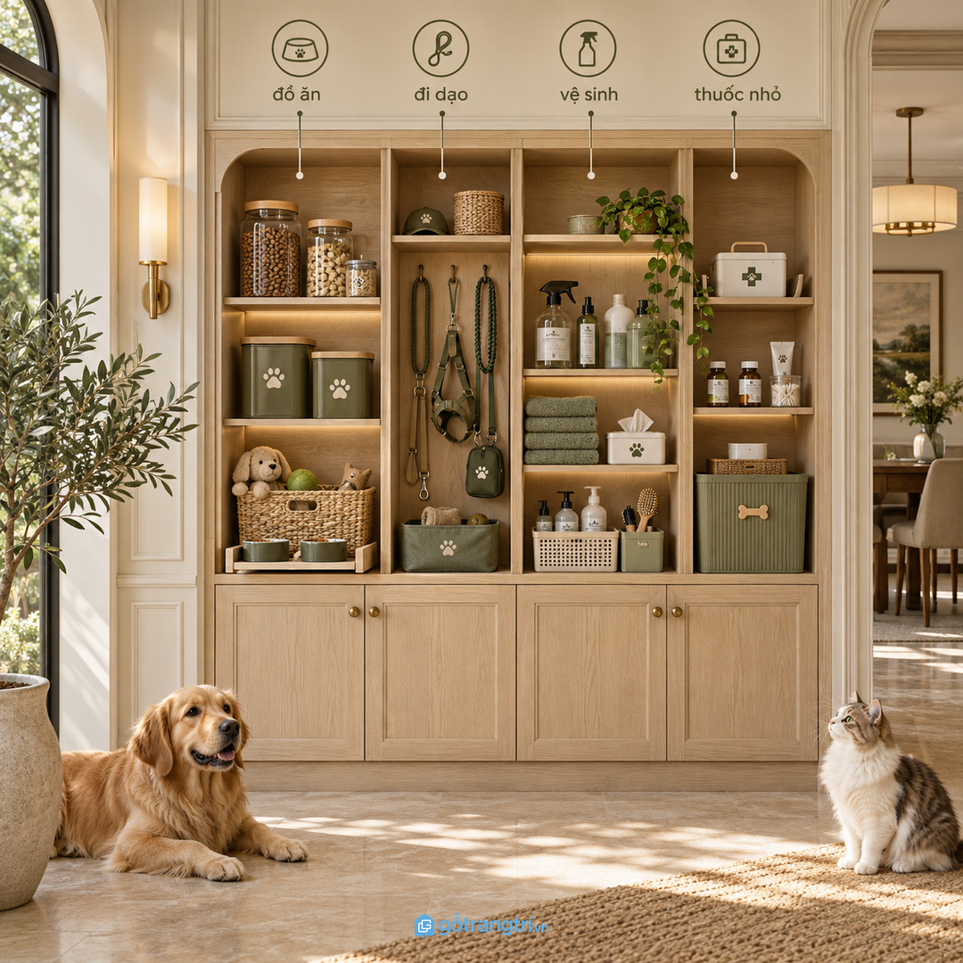 Không nên trộn đồ ăn đồ vệ sinh và dây dắt trong cùng một hộc