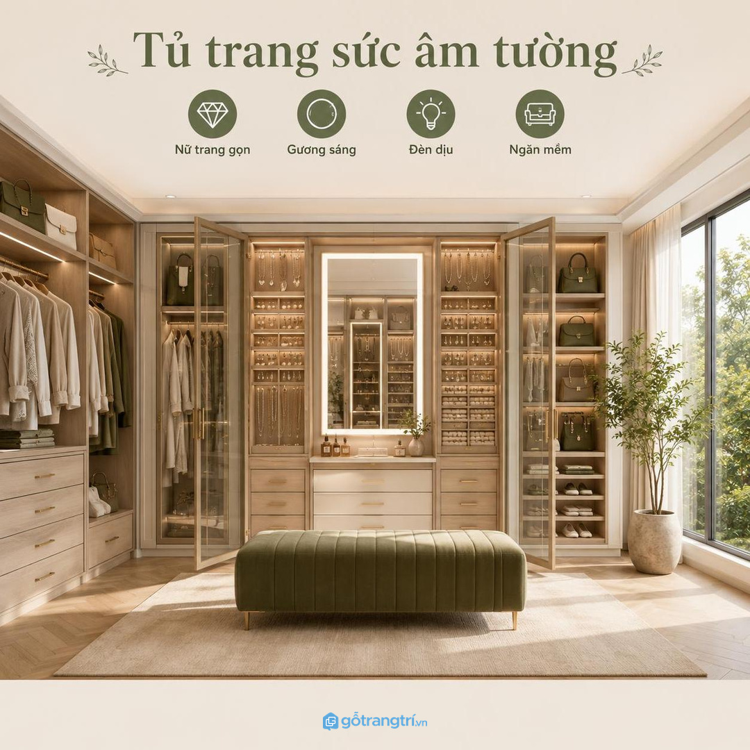 Cân bằng cánh kín và ô mở giúp phòng thay đồ sang mà không lộ rối