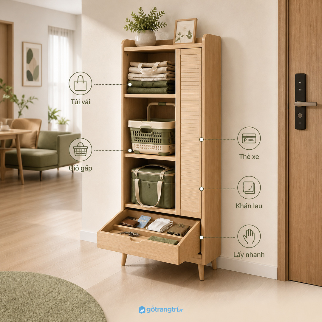 Hộc trống cần khay chia để thẻ xe, khẩu trang và túi vải có vị trí riêng