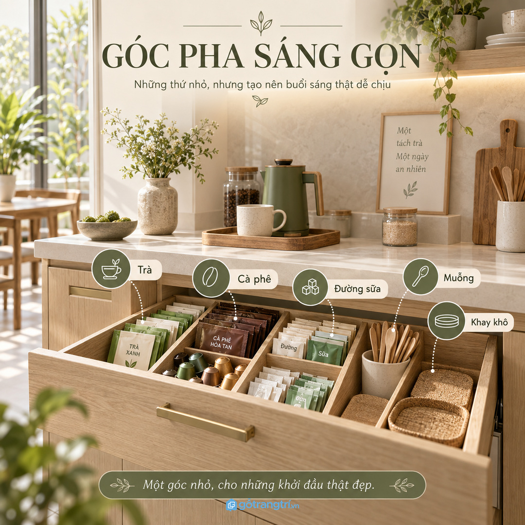 Ngăn kéo chia ô giúp trà, cà phê, đường sữa và muỗng không lẫn nhau