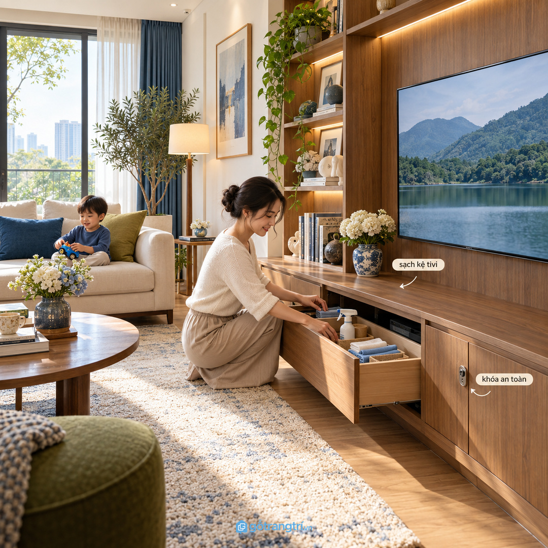 Khoang an toàn cho nhà có trẻ nhỏ giúp chai xịt và đồ nhỏ được cất kín hơn