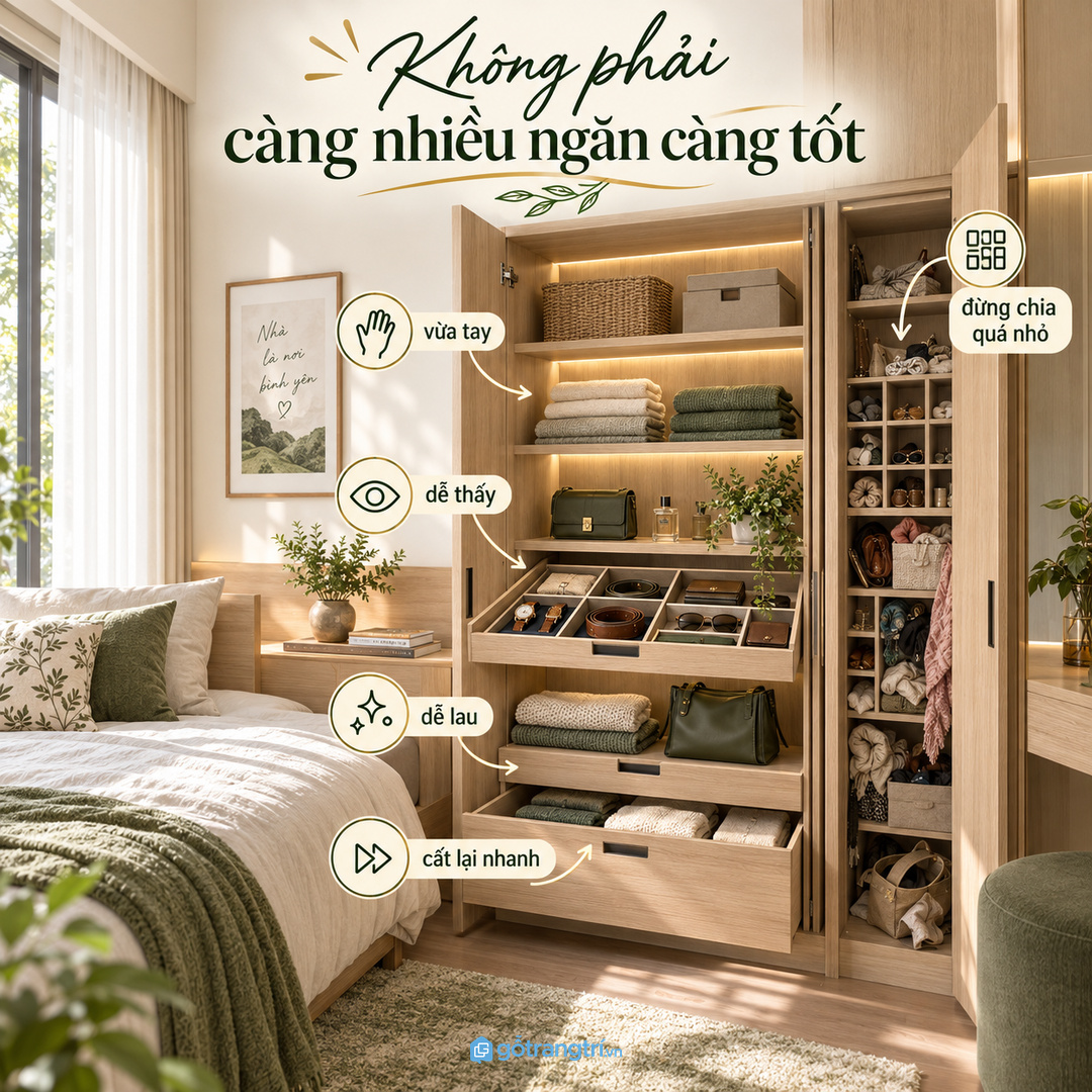 Tủ phụ kiện không cần quá nhiều ngăn mà cần ngăn vừa tay dễ thấy