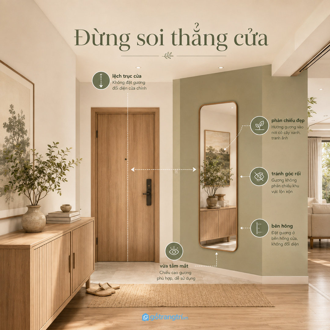 Không nên đặt gương soi thẳng cửa chính hoặc phản chiếu góc bừa bộn
