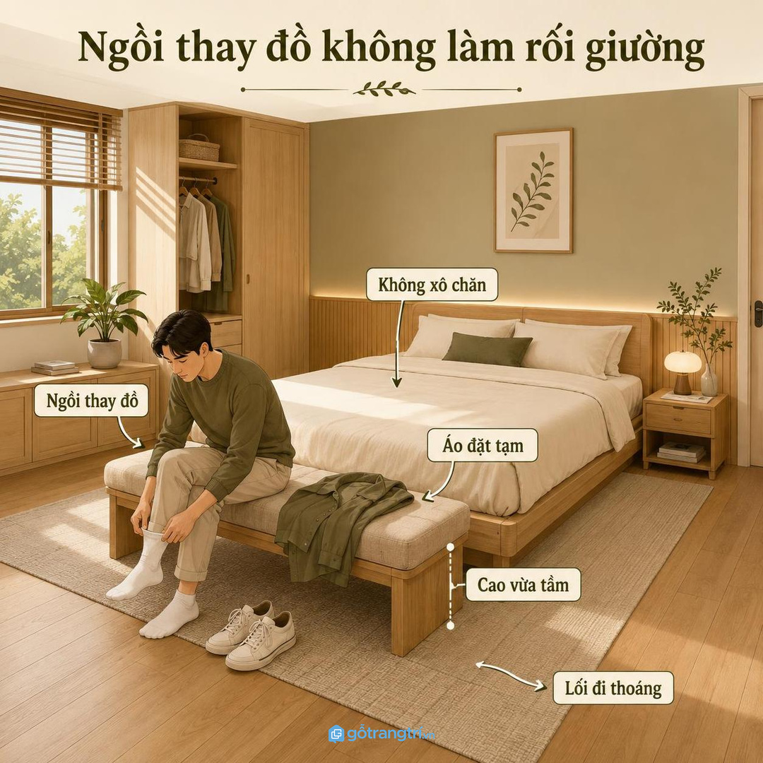 Chỗ ngồi thấp vừa tầm giúp thay đồ, xỏ tất mà không làm rối chăn ga