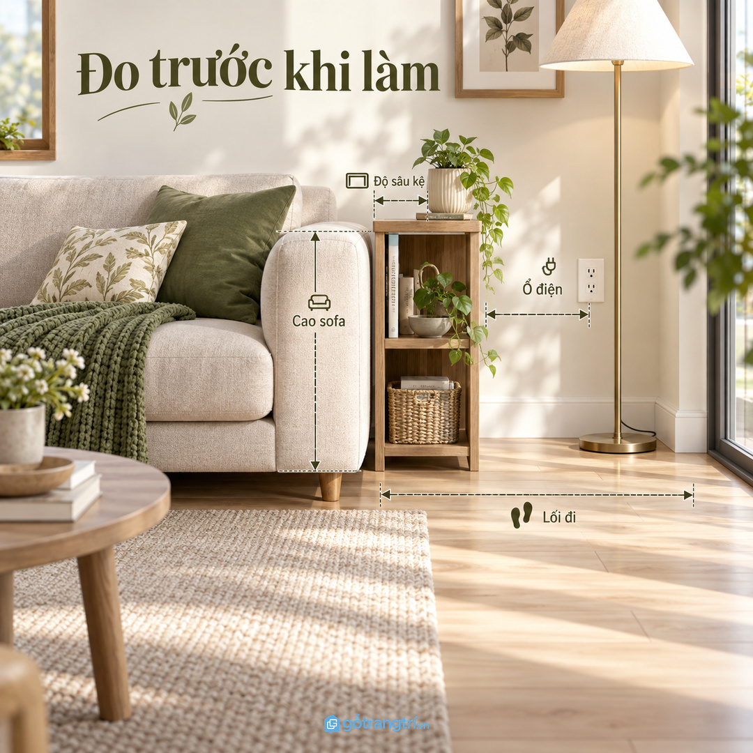 Đo chiều cao sofa ổ điện và khoảng đi lại trước khi đặt kệ đèn cây