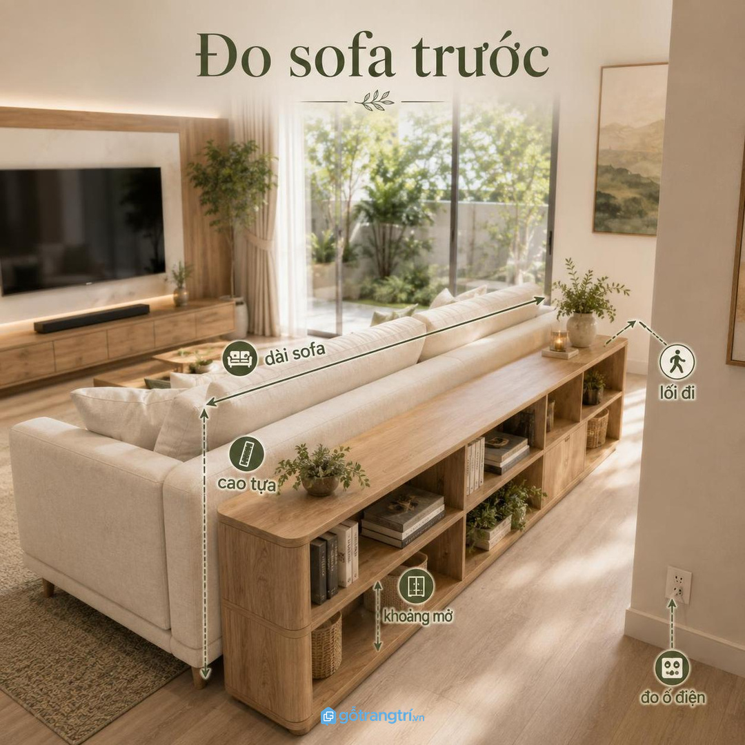 Đo chiều dài sofa chiều sâu lối đi và số sách trước khi chia khoang