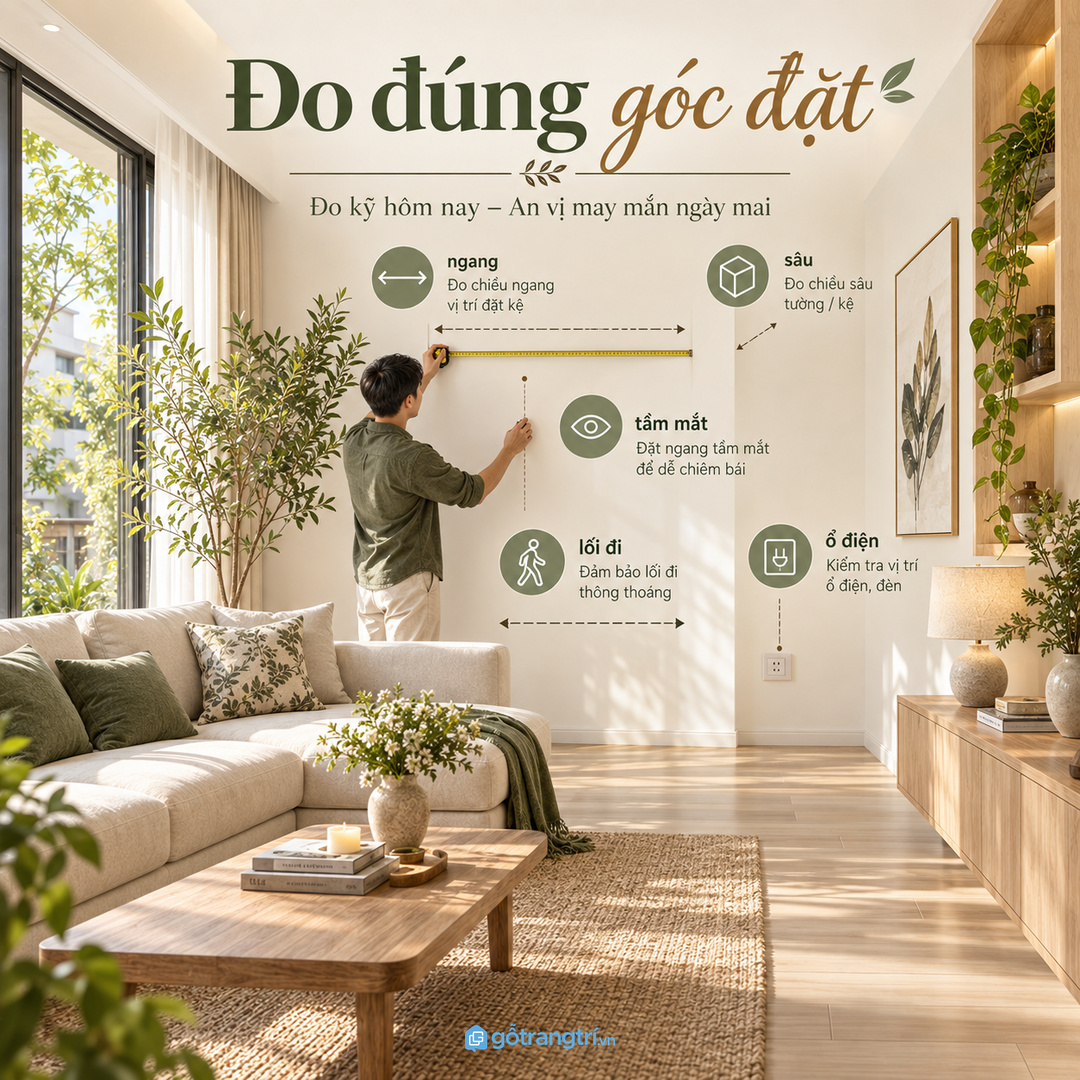 Đo đúng vị trí đặt kệ trước khi chốt chiều sâu và chiều cao