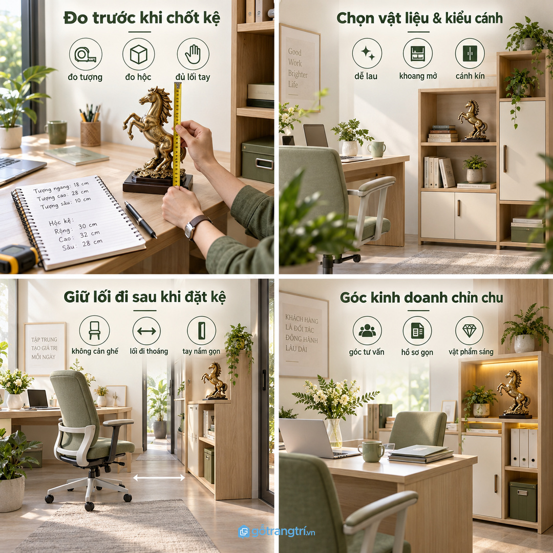 Đo tượng ngựa và đồ thật trước khi chốt kích thước kệ