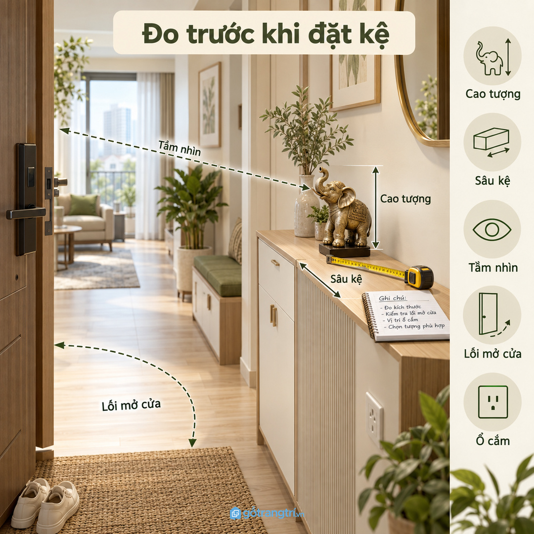 Đo tượng voi, chiều sâu kệ, tầm nhìn và lối mở cửa trước khi đặt làm