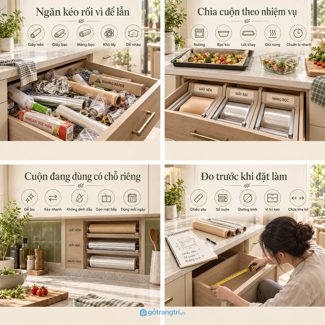 Đo chiều sâu ngăn kéo và số cuộn trước khi đặt làm