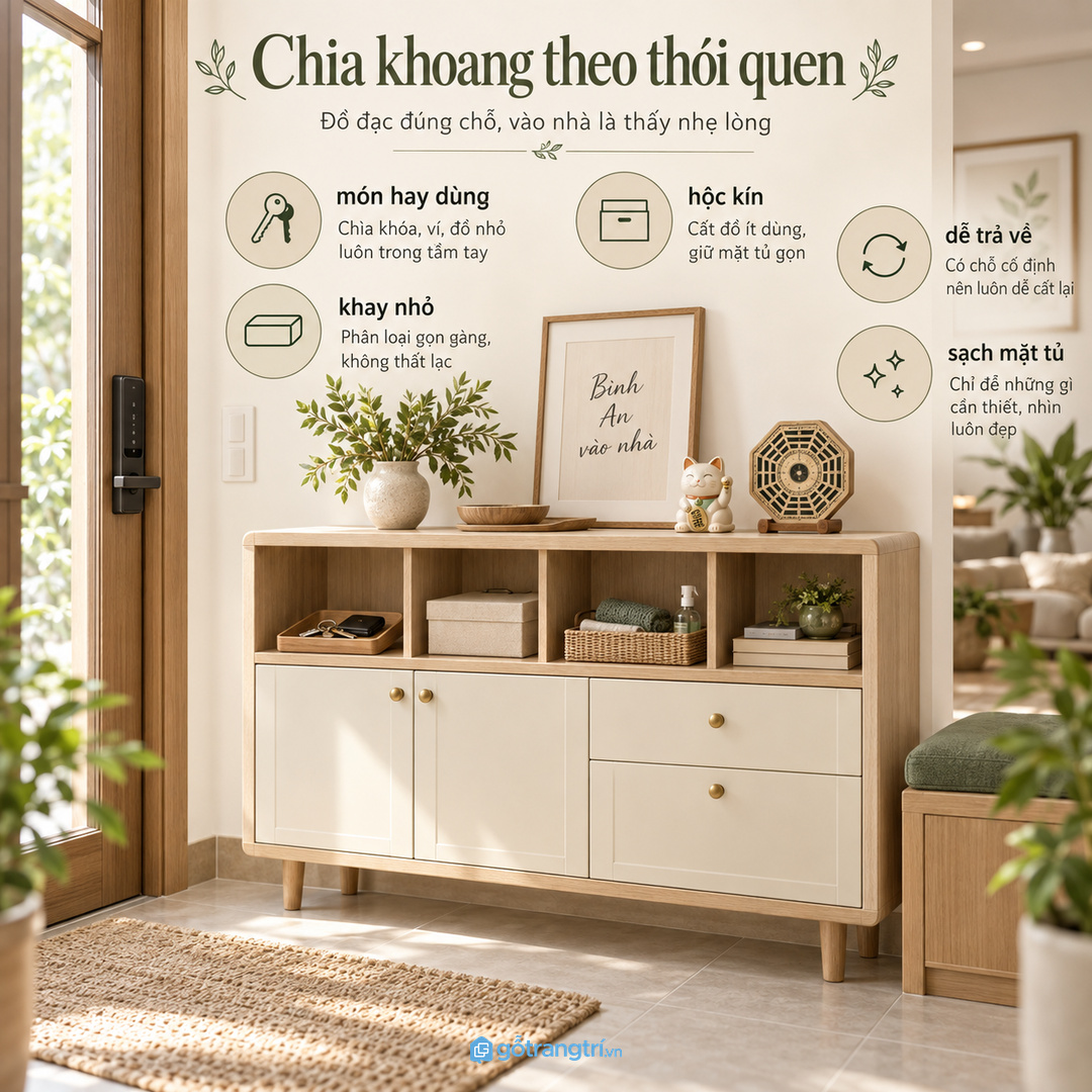 Chia khoang theo thói quen giúp chìa khóa giấy note và khăn lau dễ về đúng chỗ