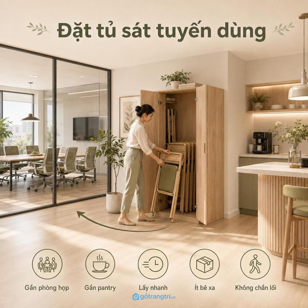 Đặt tủ sát tuyến dùng giúp lấy ghế nhanh mà không phải bê xa