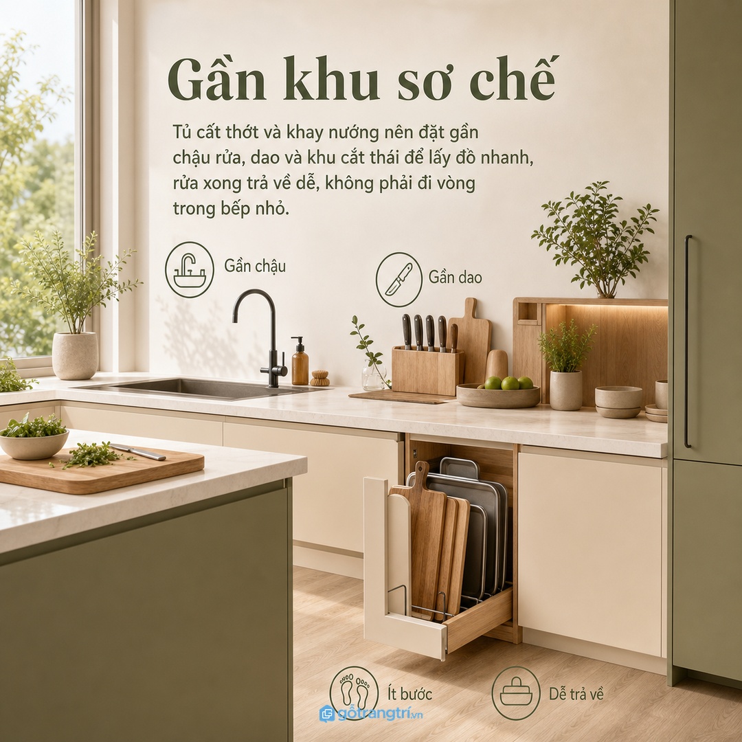 Tủ cất thớt nên đặt gần khu sơ chế nhưng không chắn lối đi