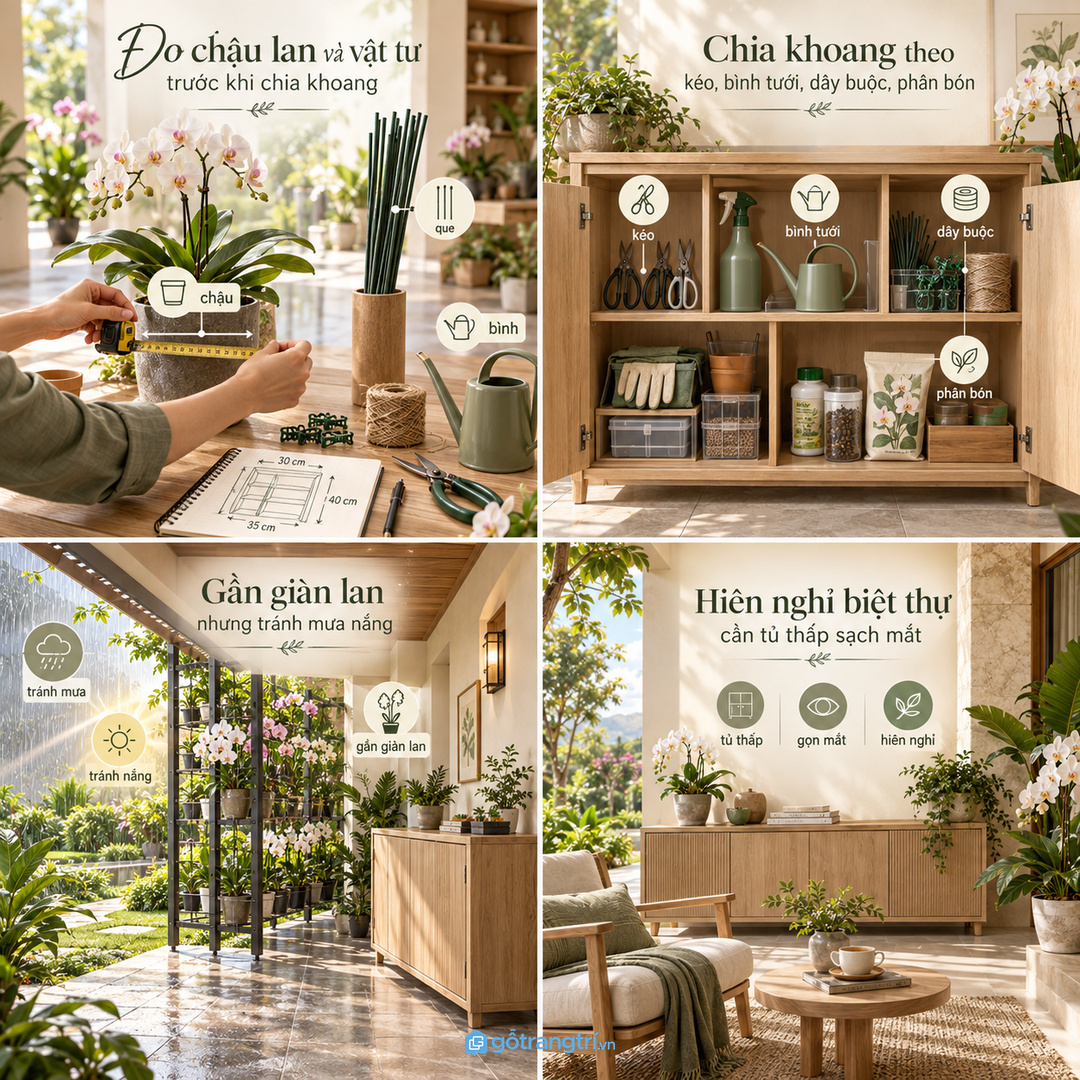 Đo số lượng chậu lan dụng cụ và vật tư trước khi chia khoang