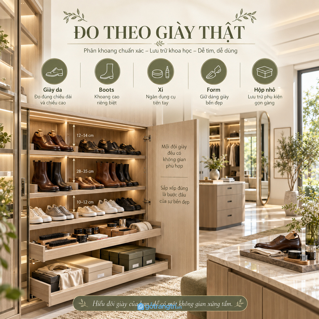 Đo theo giày thật giúp chia khoang đúng cho giày da boots xi form và hộp nhỏ