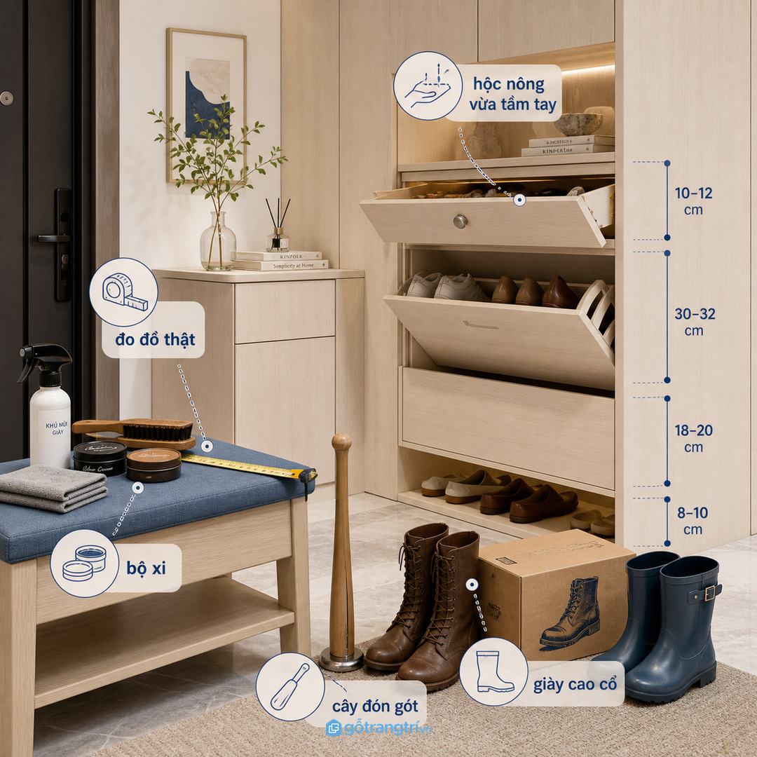 Đo bộ xi, bàn chải và chiều cao giày trước khi làm tủ
