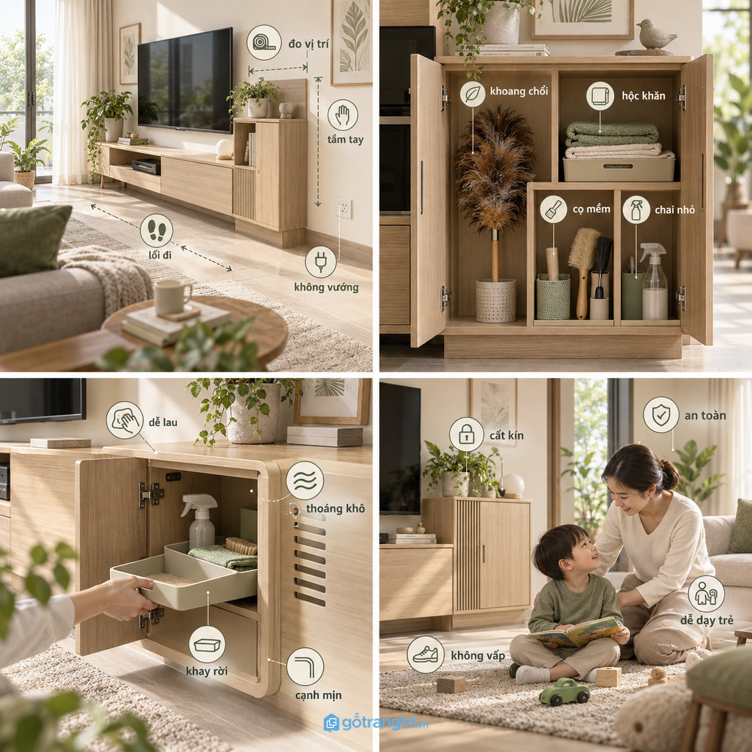 Đo vị trí gần kệ tivi sofa ổ điện và lối đi trước khi chốt tủ