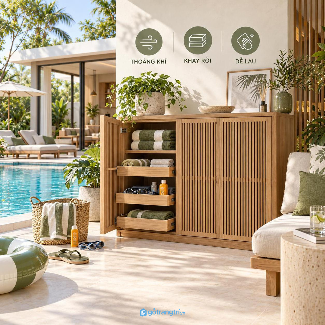 Đặt tủ đúng lối đi giữa hồ bơi, nhà tắm và khu giặt sấy
