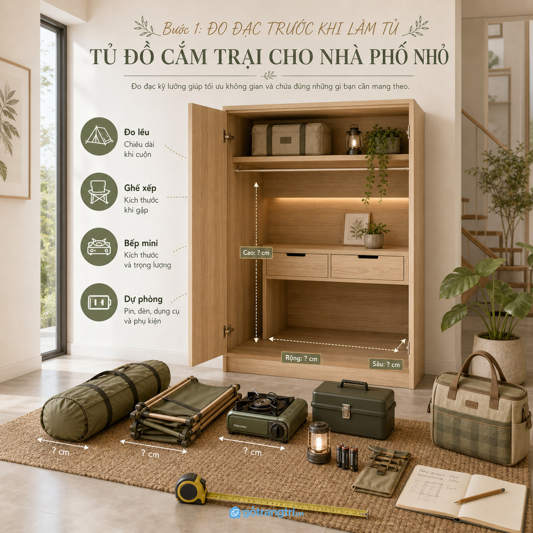 Đo lều, ghế xếp và bếp mini trước khi chốt kích thước tủ