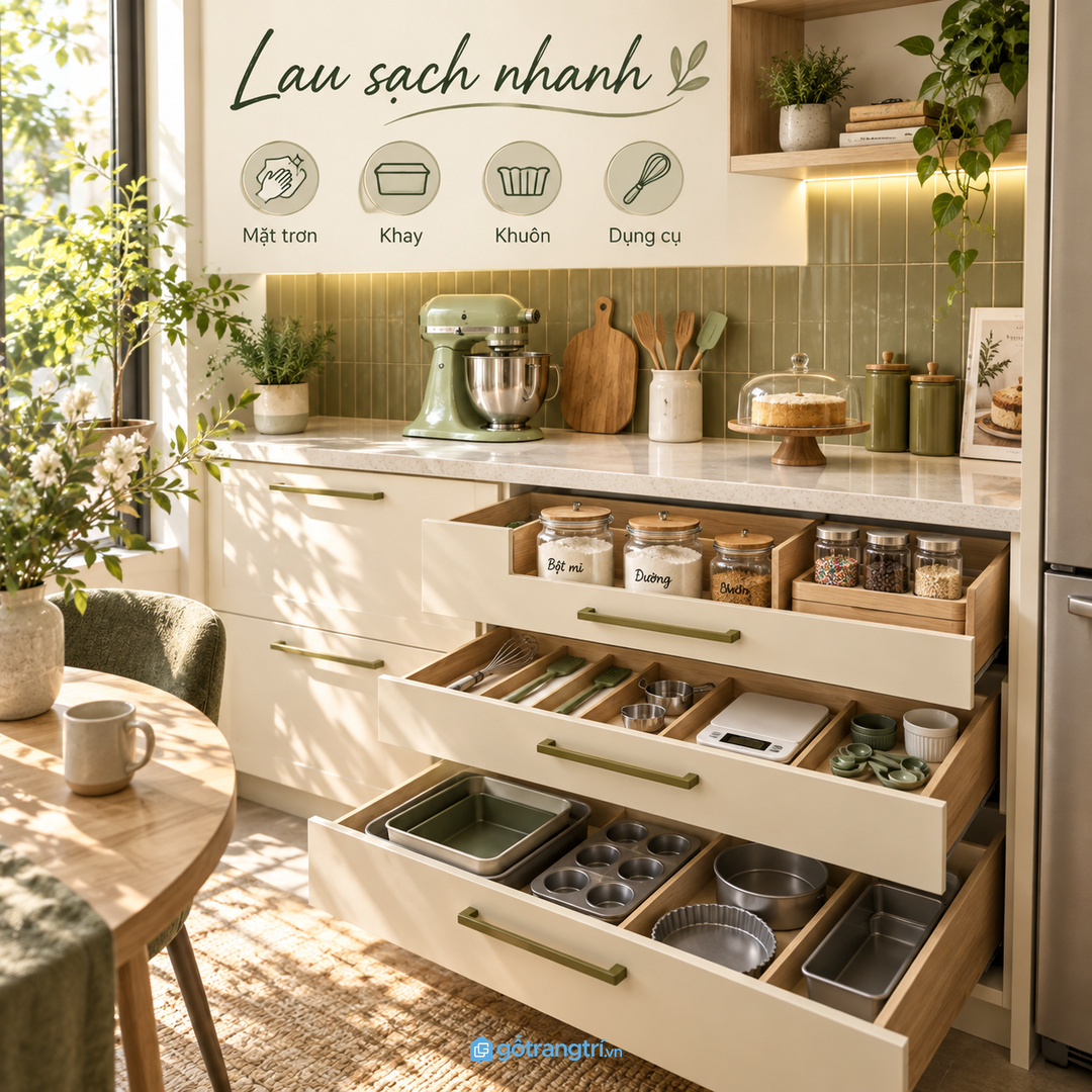Đo chiều cao túi bột khuôn bánh và khay nướng trước khi chốt khoang