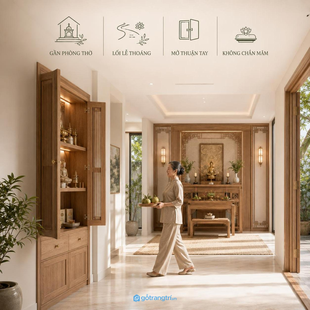 Vị trí tủ đồ lễ nên gần phòng thờ nhưng vẫn giữ lối bê mâm lễ thông thoáng