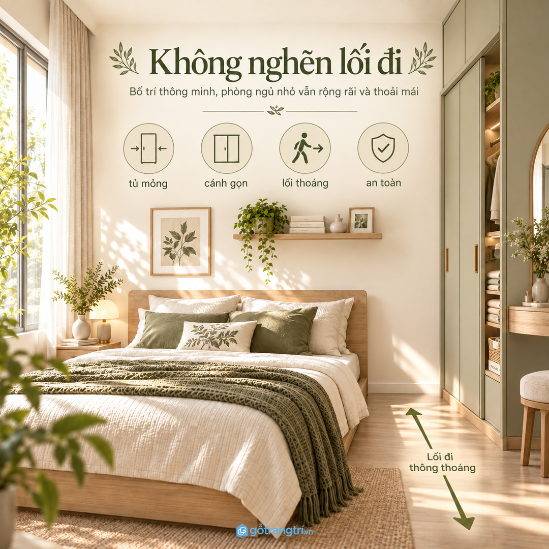 Tủ mỏng cánh gọn giữ lối đi quanh giường thoáng và an toàn hơn