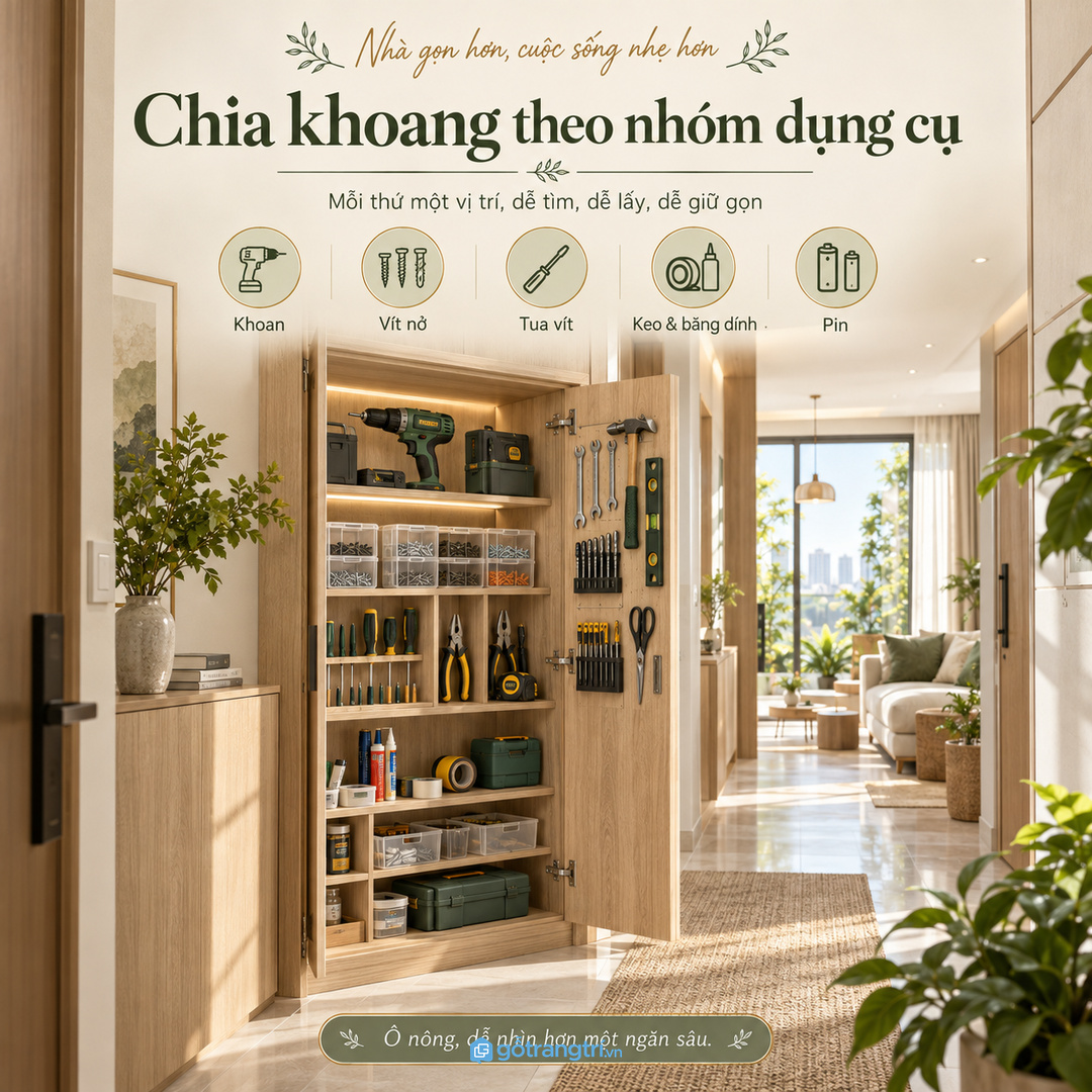 Chia khoang theo nhóm dụng cụ giúp mở tủ ra là thấy đúng món cần dùng