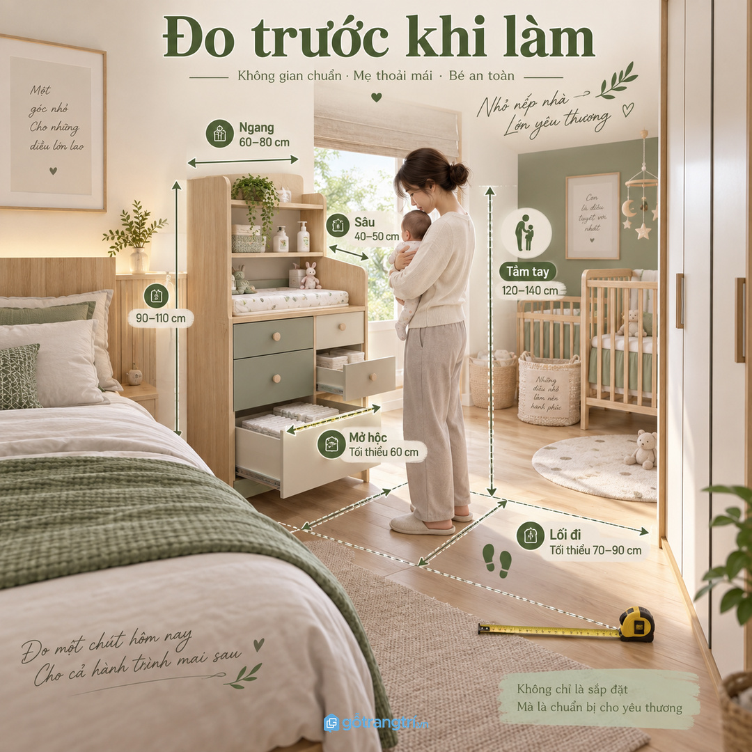 Đo vị trí cạnh giường để tủ không cản lối đi và dễ mở một tay