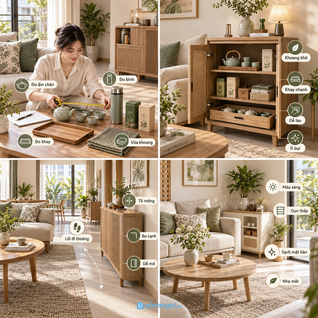 Đo số ly tách khay bánh trà túi lọc và khăn giấy trước khi chia khoang
