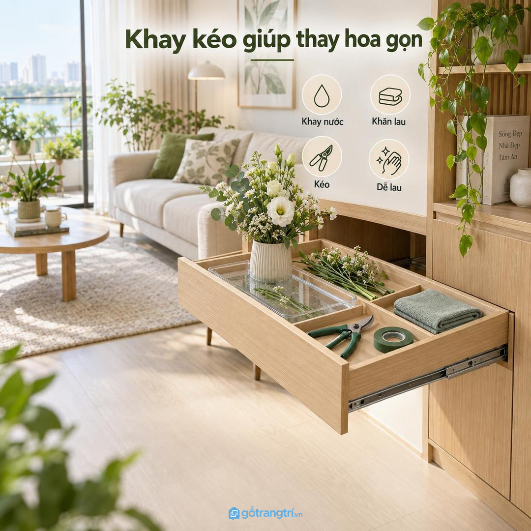 Khay kéo giúp gom nước lá vụn và khăn lau khi thay hoa cuối tuần