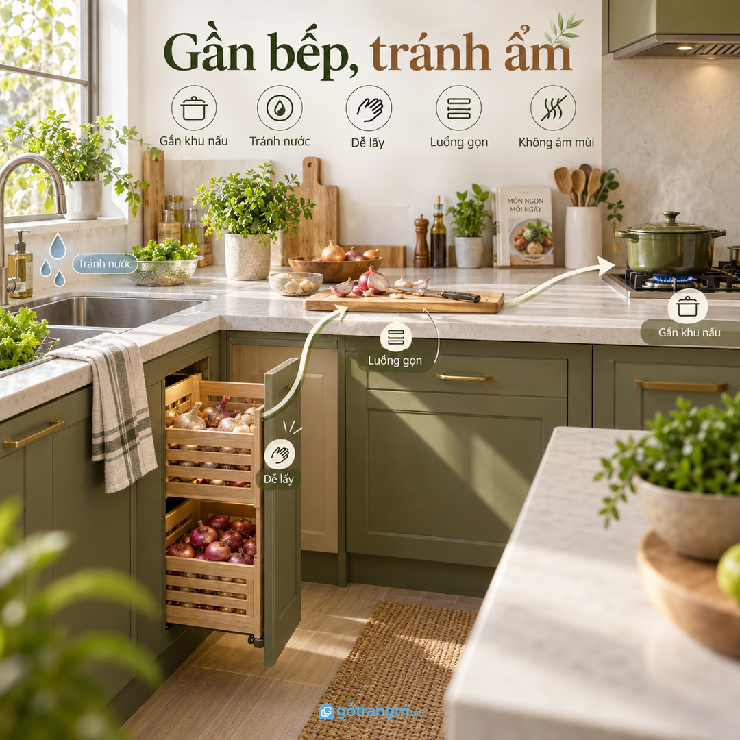 Khoang hành tỏi cần gần bếp nấu nhưng không sát vùng ẩm
